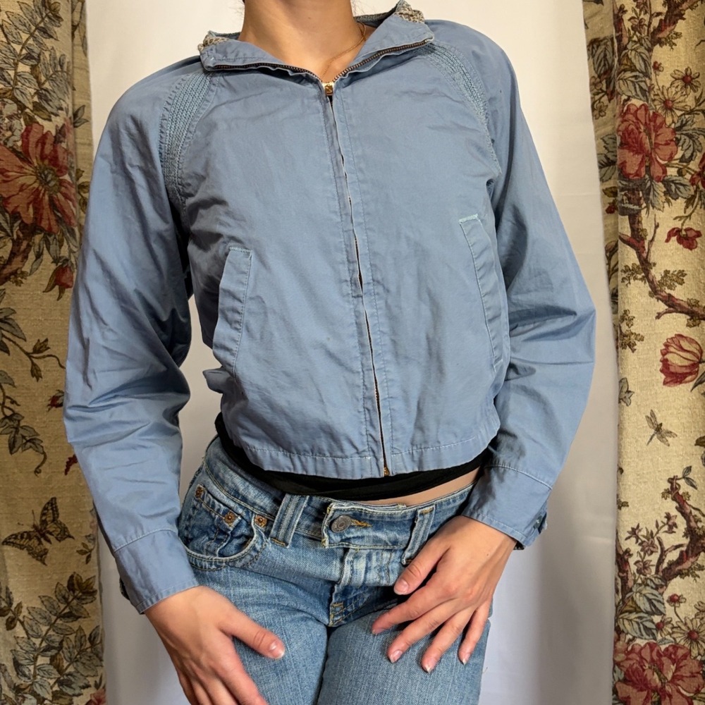 Sir Jac Blue Vintage Harrington Jacket with Knit Shoulder Detail Cropped Bomber